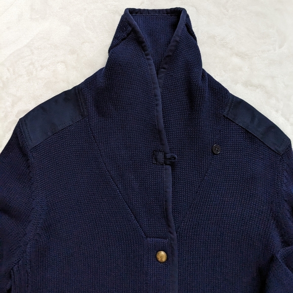 Lauren Ralph Lauren Navy Shawl Collar Elbow Shoulder Patch Gold Button Cardigan - Picture 10 of 13